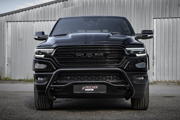 Frontal view of a black bullbar fitted to a Dodge Ram