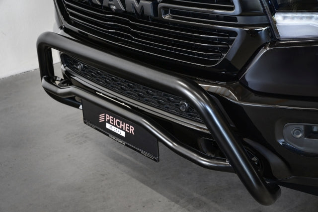 Close up of a black powdercoated bullbar fitted to a black Dodge Ram gen 5