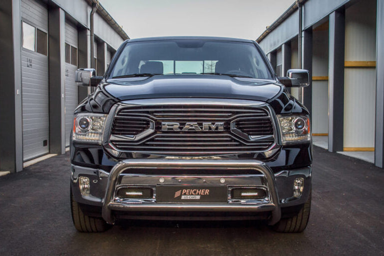 Front view of a Dodge Ram Classic with a stainless steel bullbar